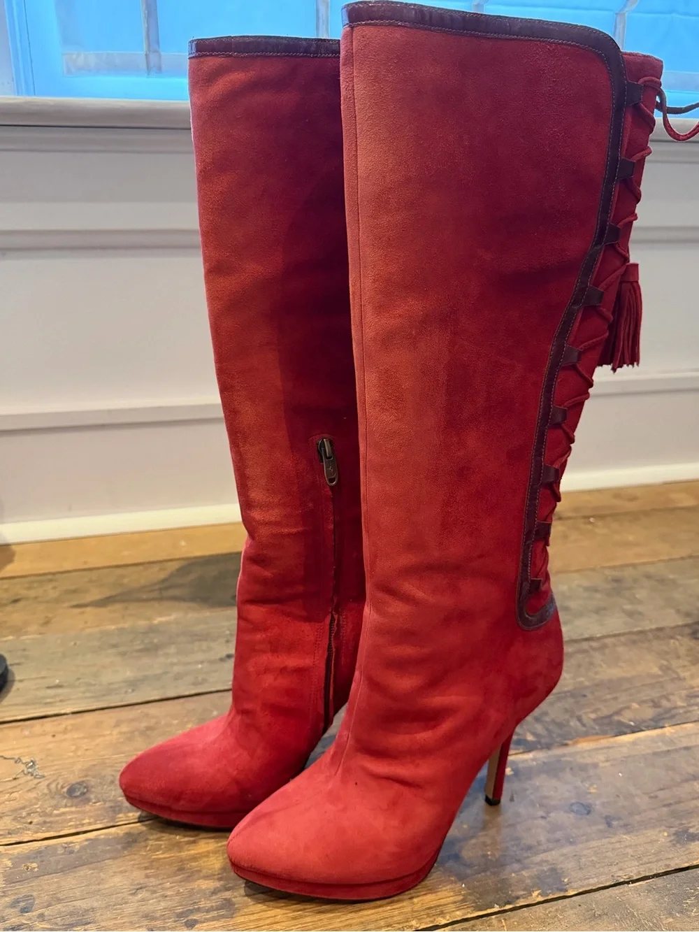 Joan & David Red Suede Tassel Lace-Up Over-the-Knee Boots